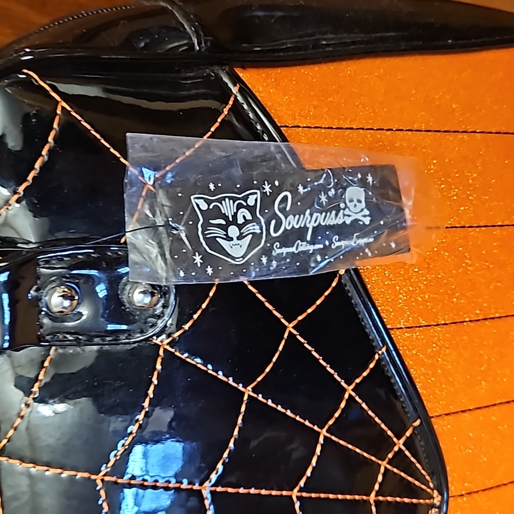 Sourpuss Black and Orange Glitter spiderweb domed/bowling bag - Picture 2 of 4